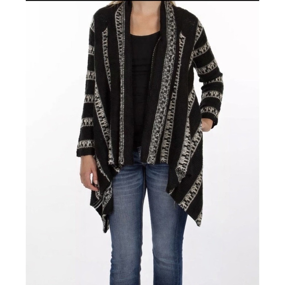 Say What Womens Cardigan Open Front Size S‎ Black And White Diamond Stripe EUC